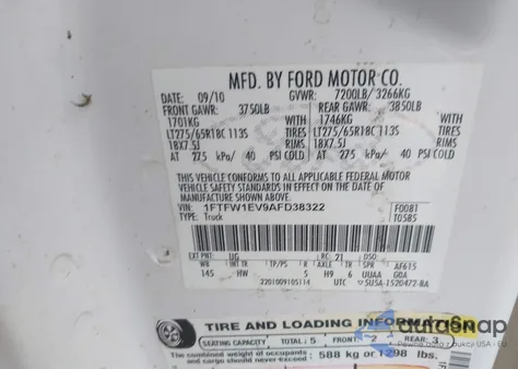 2010 Ford F-150 Fx4/Harley-Davidson/King Ranch/Lariat/Platinum/Xl/Xlt from USA, damaged, VIN 1FTFW1EV9AFD38322